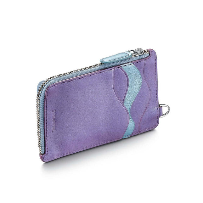 Sheaffer Expressions leather card case in blue and purple with RFID protection, perfect for holding cards and coins.