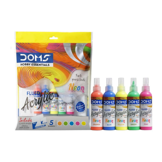 DOMS Neon Fluid Acrylic Colours Kit with five neon shades in orange, blue, green, pink, and yellow for vibrant artwork.