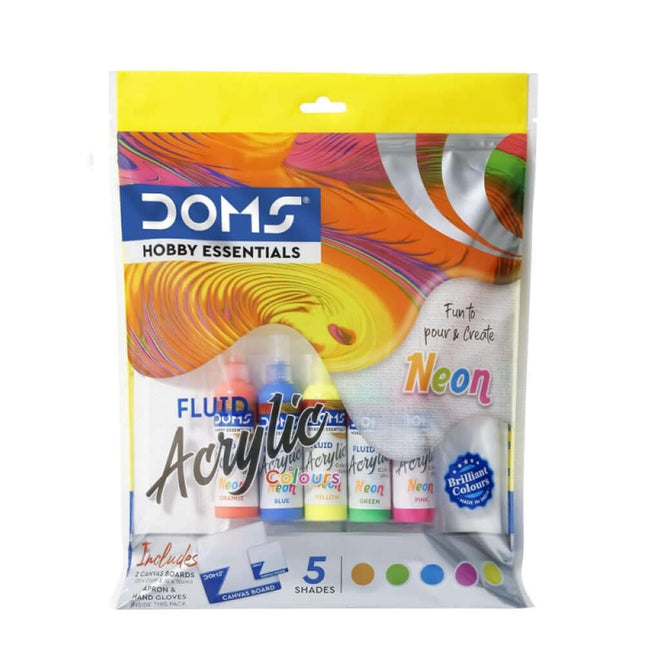 DOMS Neon Fluid Acrylic Colours Kit with five vibrant neon shades in a clear packaging.