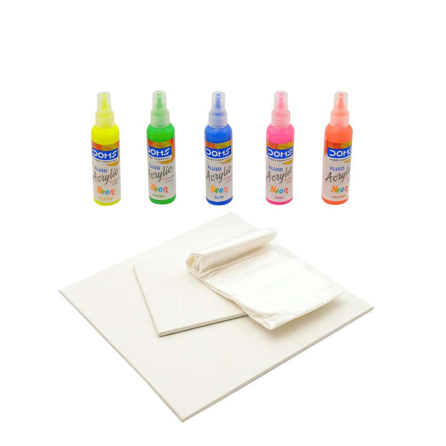 DOMS Neon Fluid Acrylic Colours Kit with neon bottles and canvas sheets for vibrant artwork.