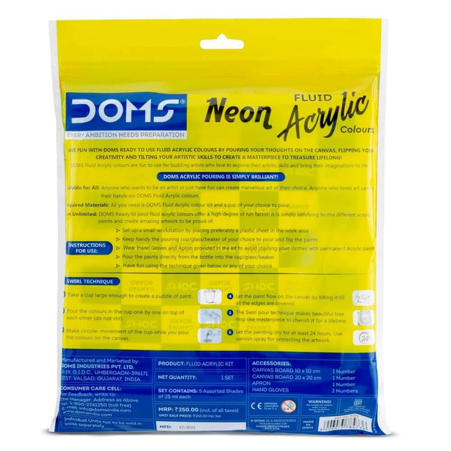DOMS Neon Fluid Acrylic Colours Kit packaging showcasing vibrant neon shades and application instructions.
