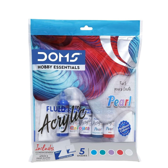 DOMS Pearl Fluid Acrylic Colours Kit with vibrant shades and pearl finish for artworks and mixed media projects.