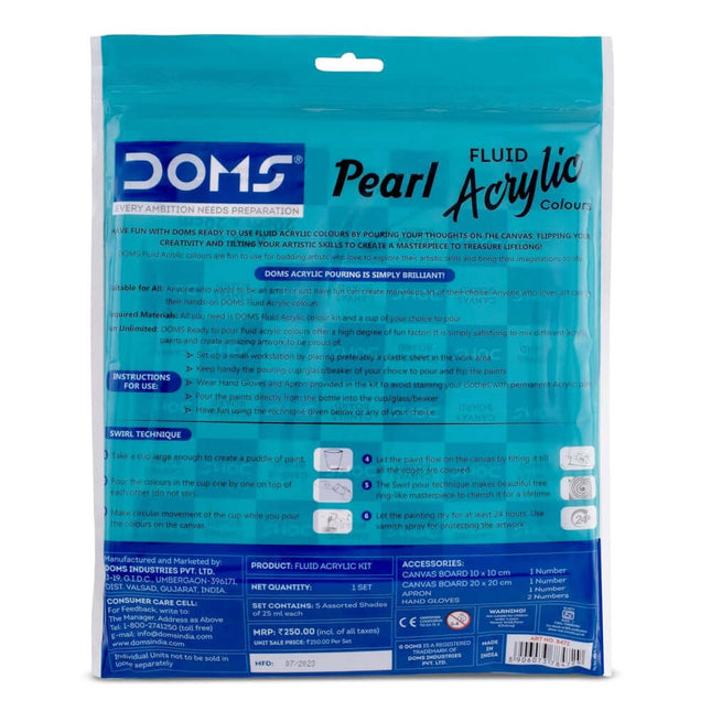 DOMS Pearl Fluid Acrylic Colours Kit packaging featuring instructions and vibrant colour options for artwork.