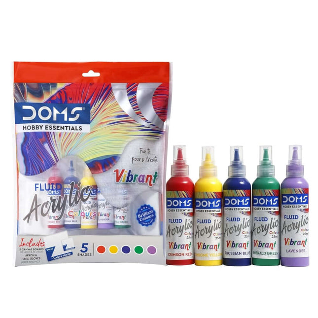 DOMS Vibrant Fluid Acrylic Colours Kit includes 5 vibrant shades like Crimson Red, Chrome Yellow, and more for artists.