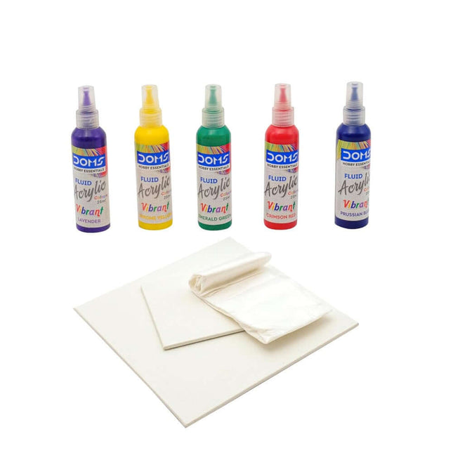 DOMS Vibrant Fluid Acrylic Colours Kit featuring vibrant shades and canvas for artists.