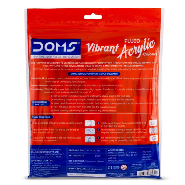 DOMS Vibrant Fluid Acrylic Colours Kit packaging showcasing vibrant colors and pouring instructions for artists.