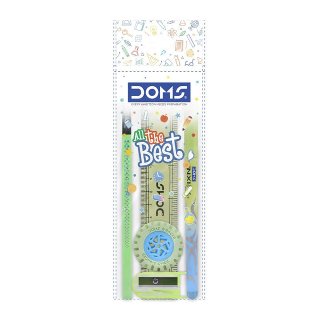 DOMS All The Best Kit | Stationery Kit of 5 Assorted Items featuring pencil, eraser, sharpener, scale, and pen.