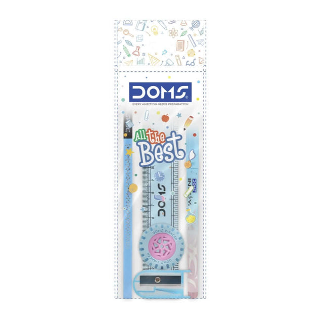 DOMS All The Best Kit | Stationery Kit of 5 Assorted Items includes a scale and sharpener in a colorful package.