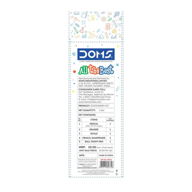 DOMS All The Best Kit | Stationery Kit of 5 Assorted Items featuring items list and product details.
