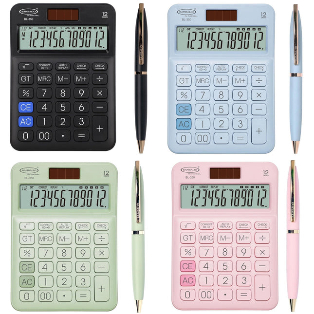 Bambalio Amaze Set of Calculator and Pen featuring various colors and a large LCD display.