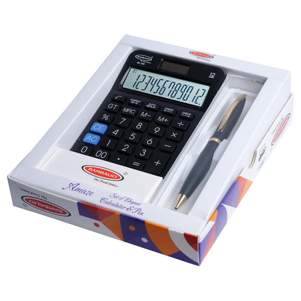 Bambalio Amaze Set of Calculator and Pen displayed in packaging featuring durable calculator and quality pen.