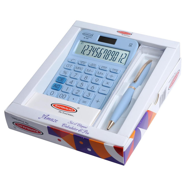 Bambalio Amaze Set of Calculator and Pen in packaging showcasing durable calculator and high-quality pen.