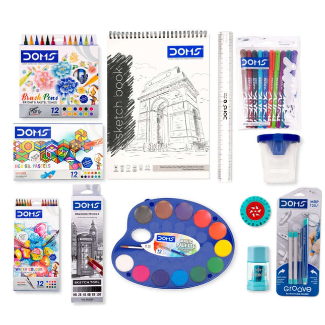 DOMS Art Carnival Kit | Comes With Zipper Bag | Combination of 12 Stationery Items including sketch book and color tools.