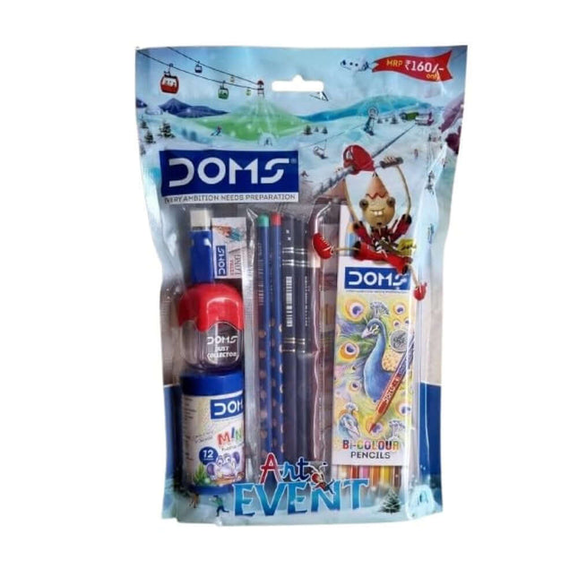 DOMS Art Event Kit | Stationery Kit of 8 Assorted Items packaging with colorful art supplies and pencils.