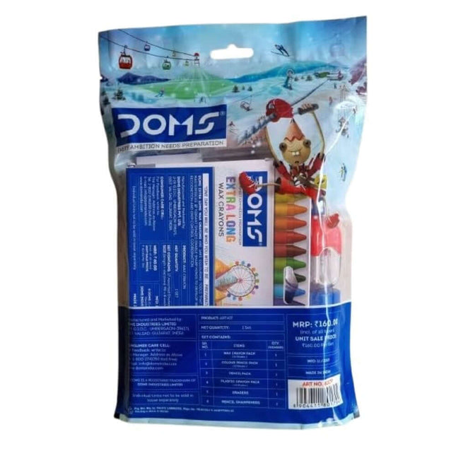 DOMS Art Event Kit | Stationery Kit of 8 Assorted Items packaging with crayons and pencils for artists and students.