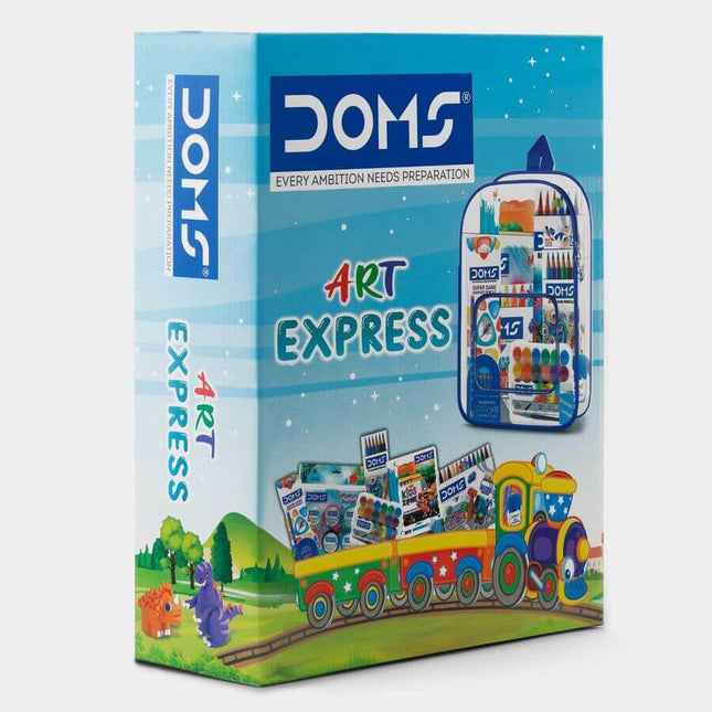 DOMS Art Express Kit | Comes With Transparent Zipper Bag | Combination of 9 Stationery Items in colorful packaging.