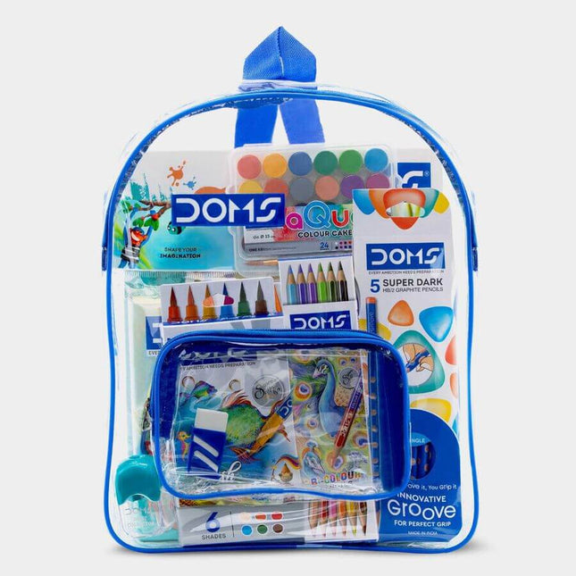 DOMS Art Express Kit | Comes With Transparent Zipper Bag | Combination of 9 Stationery Items in a clear backpack.