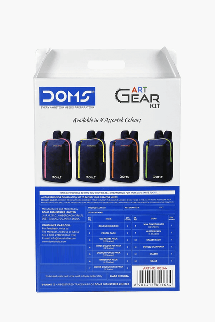 DOMS Art Gear Kit | Comes With Zipper Bag | Combination of 13 Stationery Items shown in assorted colors and packaging.