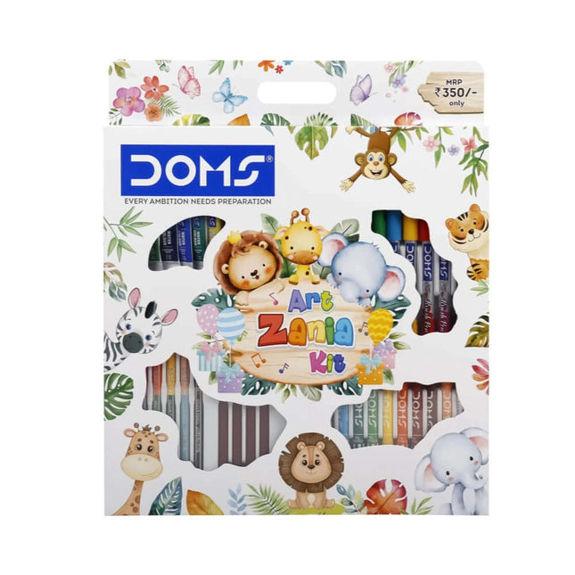 DOMS Art Zania Kit | Stationery Kit of 8 Assorted Items packaging with colorful design and animal illustrations.