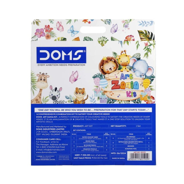 DOMS Art Zania Kit | Stationery Kit of 8 Assorted Items packaging back view with product details and animal illustrations.