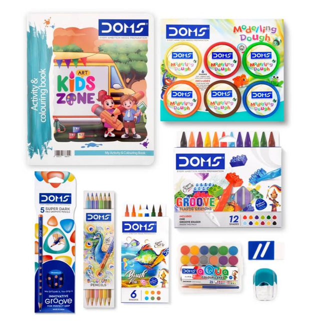 DOMS Art Express Kit | Comes With Transparent Zipper Bag | Combination of 9 Stationery Items including activity book and crayons.