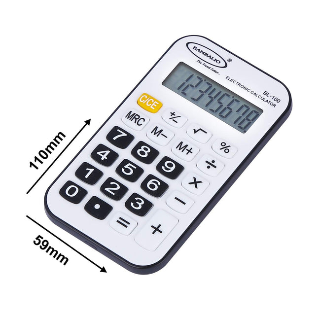 Bambalio BL-100 8 Digits Pocket Calculator with large display and rubber keys, dimensions 110mm x 59mm.