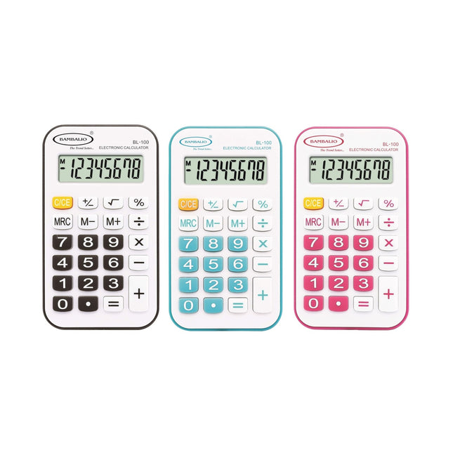 Bambalio BL-100 8 Digits Pocket Calculator in black, teal, and pink with 8-digit display.