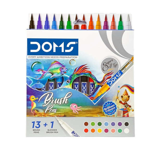 DOMS Brush Pen Set of 14 Shades with 13 vibrant pens and blending brush for artwork.