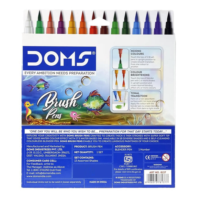 DOMS Brush Pen Set of 14 Shades packaging showcasing 13 vibrant color pens and a blending brush for artists.