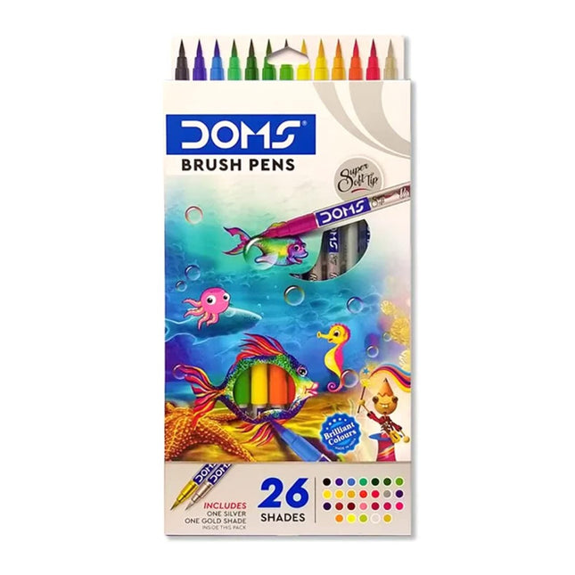 DOMS Brush Pen Set of 26 Shades pack showcasing vibrant colors including silver and gold tones.