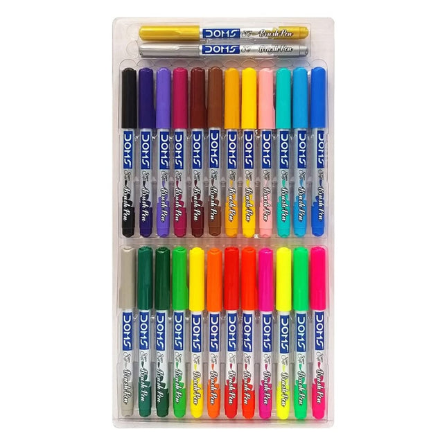 DOMS Brush Pen Set of 26 Shades showcasing vibrant colors in a convenient pen-style design.