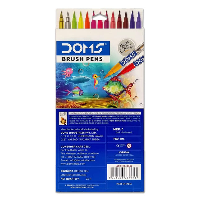 DOMS Brush Pen Set of 26 Shades featuring colorful brush pen tips for vibrant art and creativity.