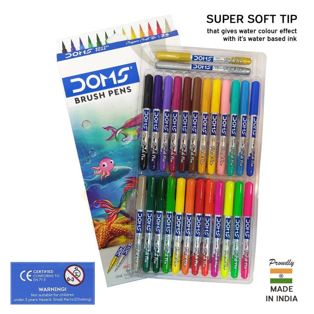 DOMS Brush Pen Set of 26 Shades displayed in packaging with various colors and brush tips on a white background.