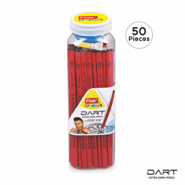 Flair Creative Dart Extra Dark Pencils set with erasers and sharpener, 50 pieces for smooth writing and drawing.