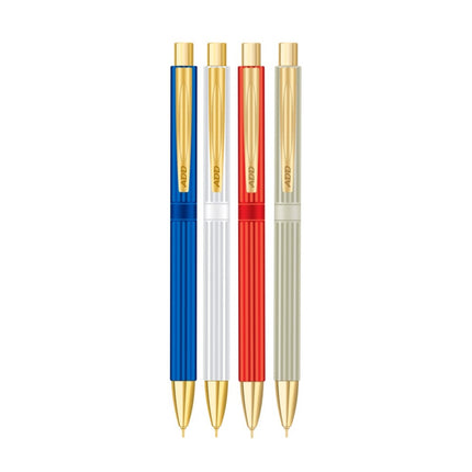 Add Gel Dolca Ball Pen set in blue, white, red, and gold with elegant gold accents for stylish writing.