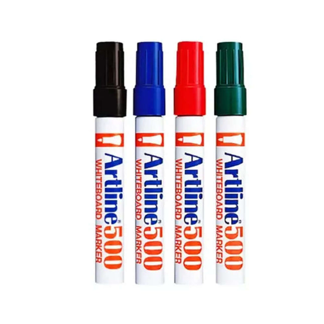 Artline EK 500 White Board Marker set in black, blue, red, and green colors for clear writing on whiteboards.