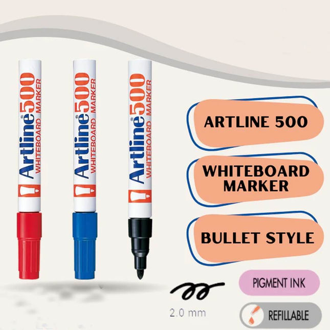 Artline EK 500 White Board Marker in three colors with bullet-style tips for clear writing on whiteboards.