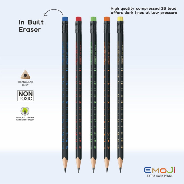 Flair Emoji Extra Dark Pencils showcasing playful designs, built-in erasers, and durable triangular body for professional use.