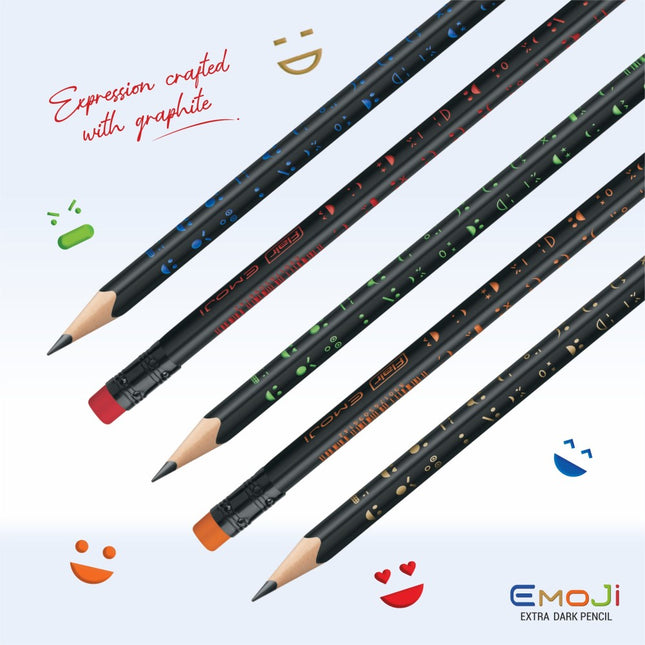 Flair Emoji Extra Dark Pencils featuring playful designs, perfect for writing, drawing, and sketching.