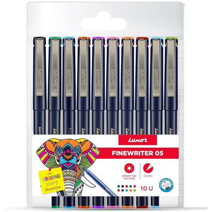Luxor Finewriter 05MM set of 10 fine liner pens with bright ink for precise writing and drawing.