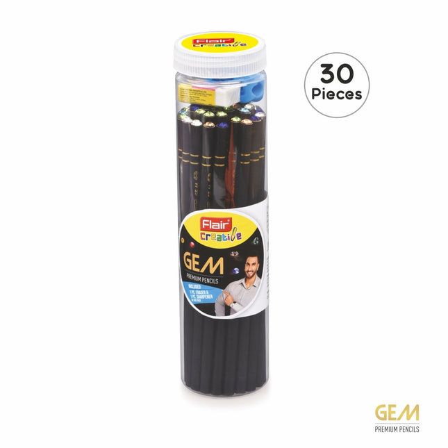 Flair Creative Gem Extra Dark Pencils set of 30 with eraser and sharpener, perfect for bold and precise writing.