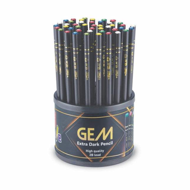 Flair Creative Gem Extra Dark Pencils in a round container, featuring 2B lead, ideal for bold writing and smooth sharpening.