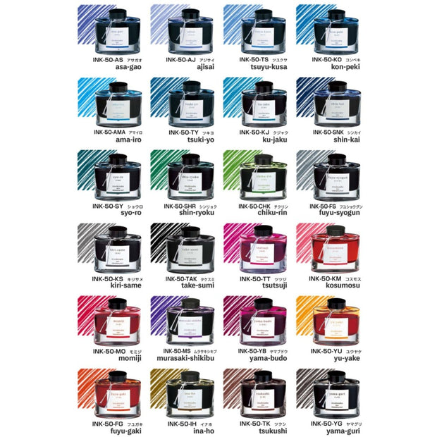 Pilot Iroshizuku Ink Bottle 50ML collection showcasing various colors inspired by Japanese landscapes.