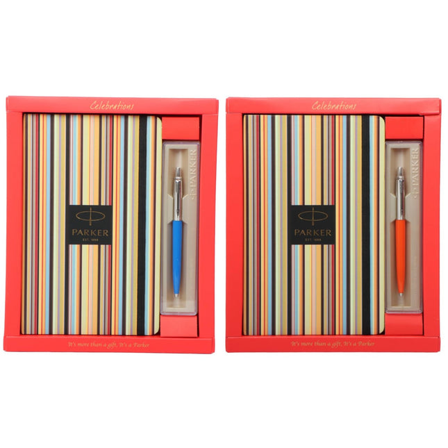 Parker Jotter Standard Ball Pen with A5 Pinstrip Diary Set in vibrant packaging.