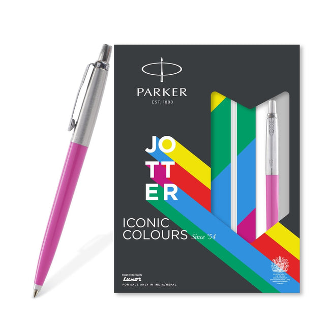 Parker Jotter Standard Ball Pen with A5 Notebook Set in premium packaging with iconic colors design.