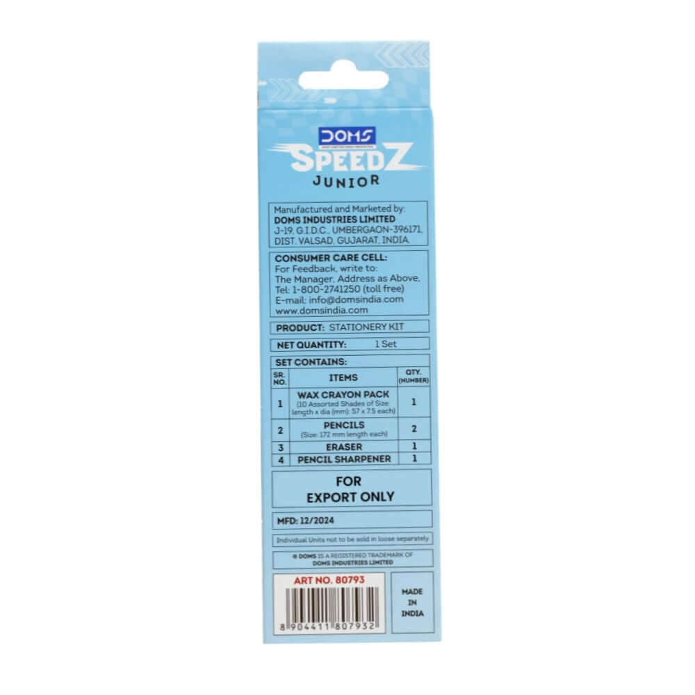 DOMS Junior Speedz Stationery Kit | Includes 1 Mini E-Racer Eraser, 1 Sharpener, 2 Speedz Pencils & 1 Pack of 12 Shades Wax Crayons