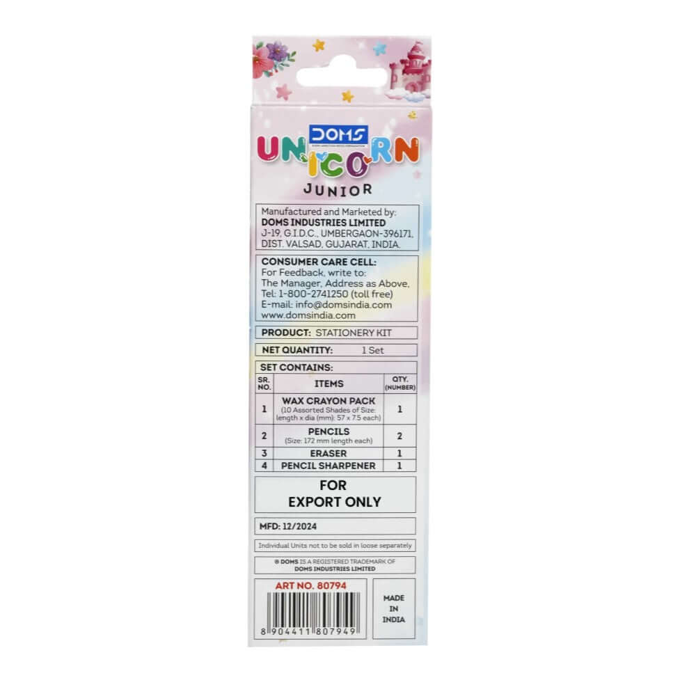 DOMS Junior Unicorn Stationery Kit | Includes 1 Mini E-Racer Eraser, 1 Sharpener, 2 Unicorn Pencils & 1 Pack of 12 Shades Wax Crayons