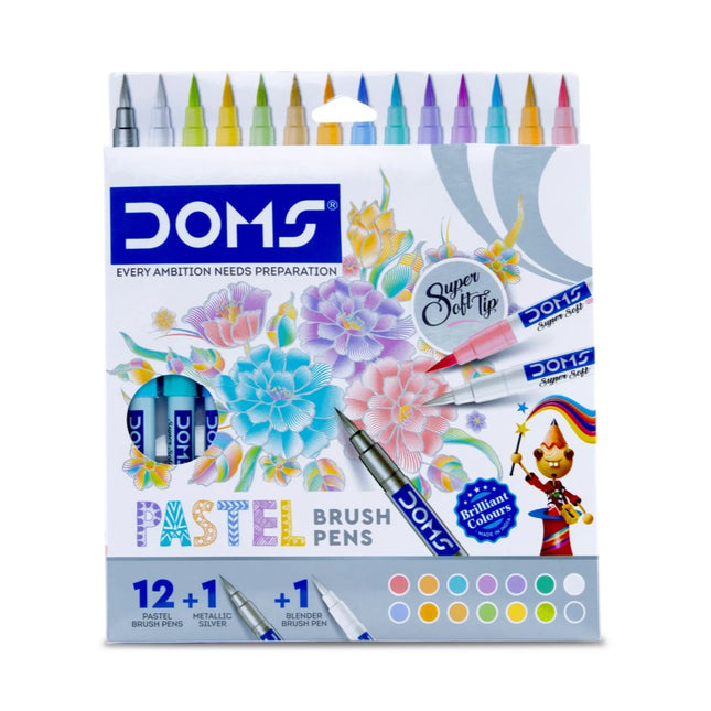 DOMS Pastel Brush Pen Set of 14 Shades with vibrant colors and a colorless blender for creative art projects.