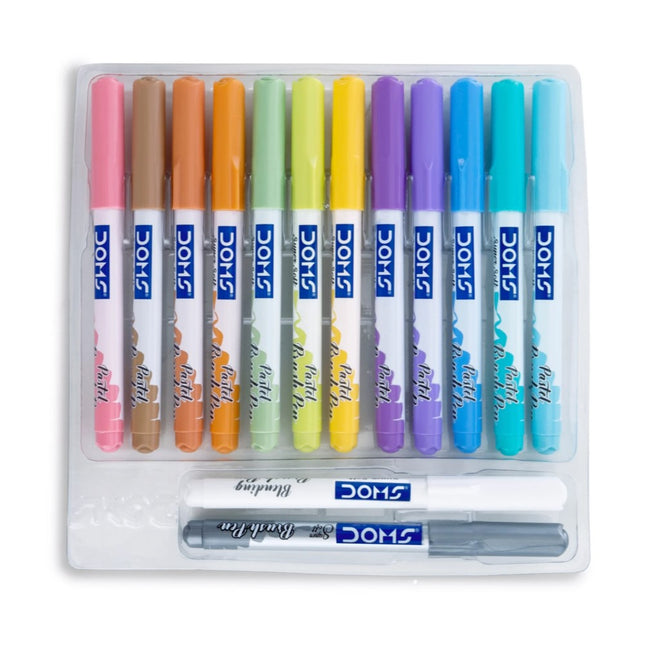 DOMS Pastel Brush Pen Set of 14 Shades displayed in a clear plastic case with vibrant colors and a colorless blender included.