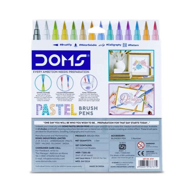 DOMS Pastel Brush Pen Set of 14 Shades packaging showcasing vibrant colors and usage examples.